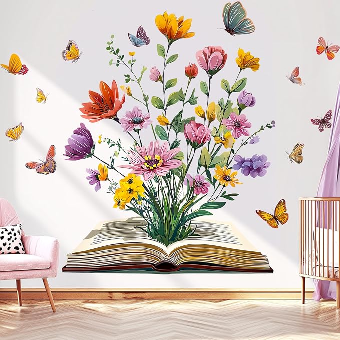 Book Flower Wall Decals Peel and Stick, Floral Butterfly Wall Stickers, Removable Vinyl Art Wall Decor for Kids Room Library Study Reading Nook Bedroom Classroom School Home Decoration by VePret