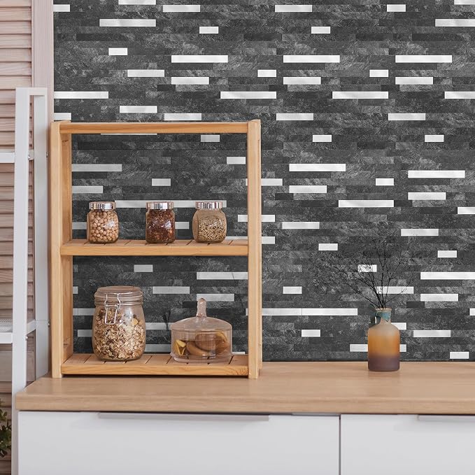 Yipscazo 20 Sheets Peel and Stick Stone Metal Tile Backsplash, Stick on Tiles for Backsplash Kitchen, Bathroom, Laundry Room, Camper, Fireplace (12'' X 12'', Dark Black) - Image 7