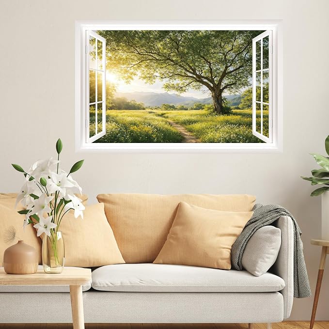 IARTTOP Fake Window Wall Mural Sticker 33"x20.4" Green Tree Sunrise Mountain Countryside Nature Scenery Wall Decal Window View Landscape Decals Decor for Bedroom Living Room Office - Image 8