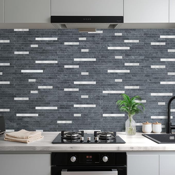 AULIGET 20 Sheets Black Slate Peel and Stick Backsplash, PVC Mixed Metal Silver Wall Tile Stick on Backsplash for Kitchen and Bathroom - Image 2