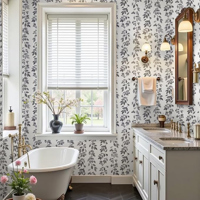 Ismoon Grey Wallpaper Peel and Stick Vintage Wallpaper 17.3in x 16.4ft Dark Grey Leaf Contact Paper Vintage Cottage Wall Paper for Bedroom Bathroom Kitchen Nursery Removable Vinyl - Image 2