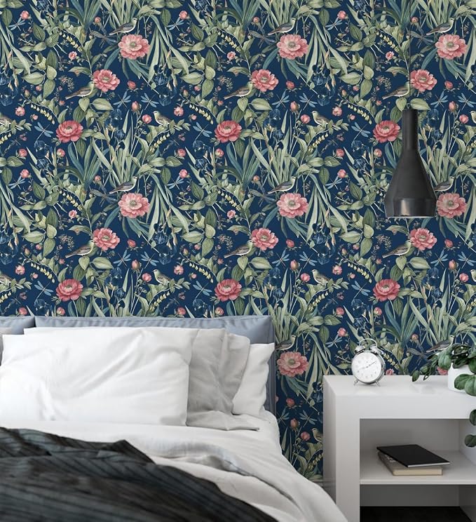 Navy Bird and Floral Peel and Stick Wallpaper Vintage 17in x 118in | Flower Contact Paper Vintage Floral Wallpaper Boho Self Adhesive Waterproof Wall Paper Botanical Removable Decorative Vinyl - Image 6