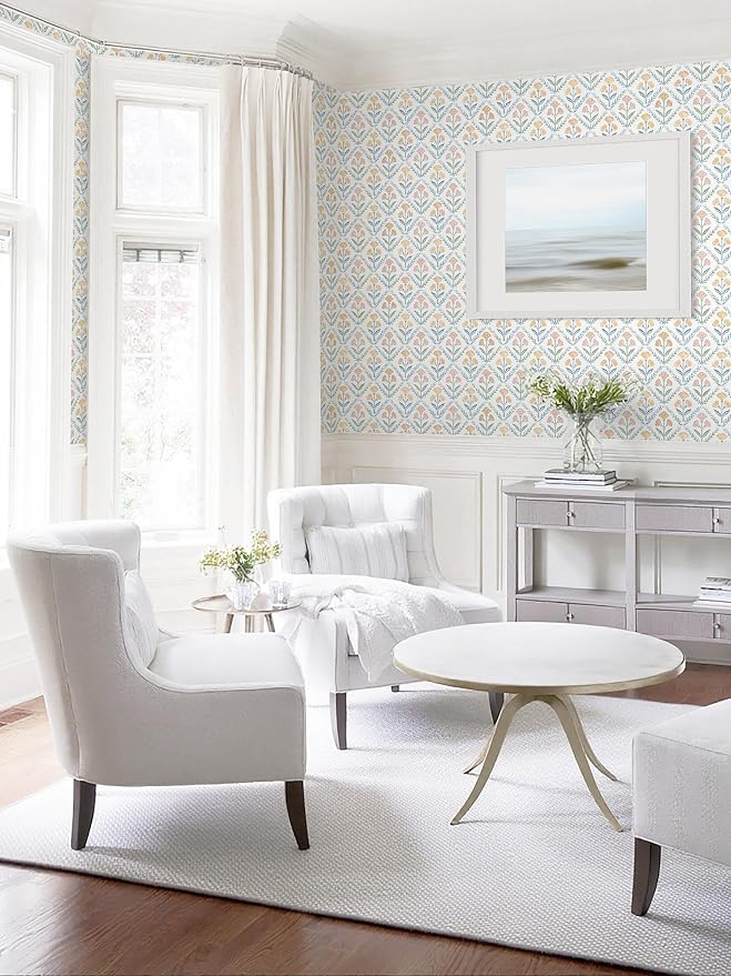 Dimoon 17.3''x78.7'' Peel and Stick Wallpaper Floral Boho Contact Paper Cute Vintage Village Wallpaper Farmhouse White Blue Renter Friendly Geometry Grid Waterproof Embossed Kitchen Bedroom Vinyl - Image 5