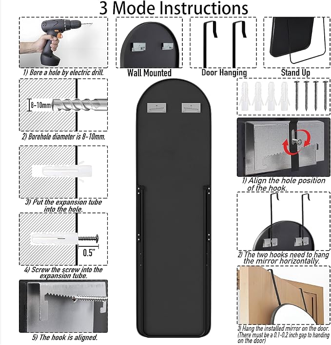 57x16" Full Length Mirror Floor Stand,Over the Door,Wall Mounted Black - Image 6