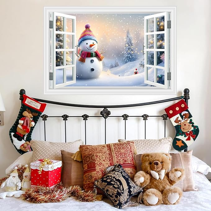Fake Window Wall Decal - Merry Christmas Snowman Conifer Snow Scene Sticker | ｜Faux Window Merry Christmas Wall Art Mural ｜ Stick and Peel Wall Decals｜for Xmas Room Bedroom Office Picture Decor｜24"x16" - Image 6