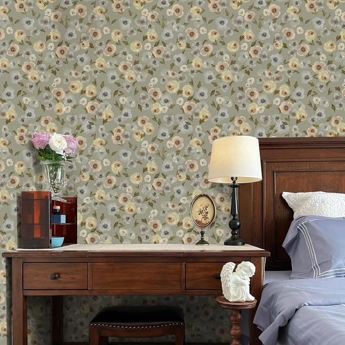 Khaki Watercolor Floral Peel and Stick Wallpaper, 17.3" x 472" Soft Pastel Flower Removable Vinyl Wallpaper, Waterproof Self-Adhesive Vintage Floral Contact Paper for Nursery Bedroom Cabinets - Image 5