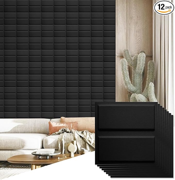 12 Pack 3D Wall Panels for Interior Wall Decor, Accent Wall Panels for Office Living Room Bedroom Hotel Lobby, 12''x12'' Fiber Chocolate Wallpapers Cover 12.Sq.Ft（Black） by Unknown