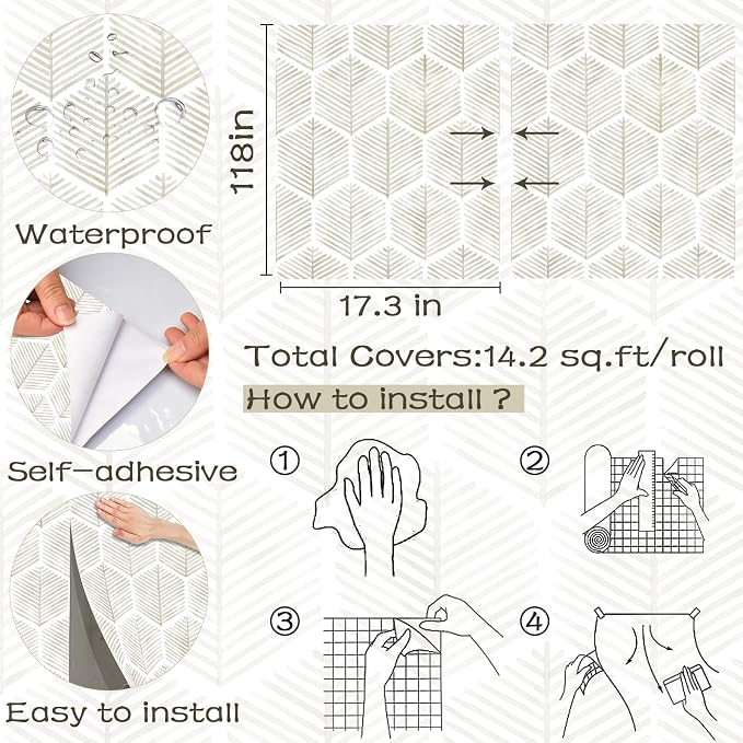 OSECAGE Geometric Peel and Stick Wallpaper Boho Contact Paper 17.3''×118'' | Modern Self Adhesive Wallpaper Removable White and Beige Wall Paper Decorative for Bedroom Bathroom Cabinets Decor Vinyl Roll - Image 3