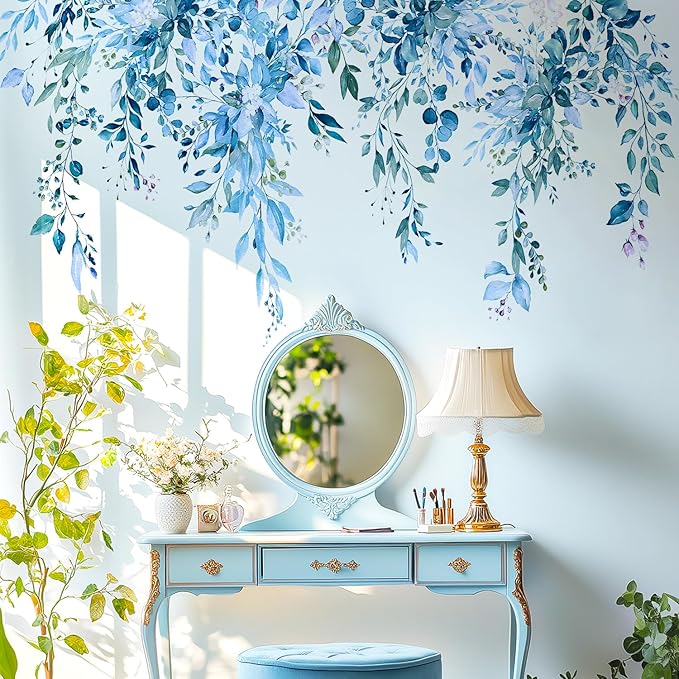 Blue Plants Leaves Wall Decals Peel and Stick, Large Floral Flowers Vinyl Wall Stickers, Removable Vine Home Decor Art for Bedroom Living Room Classroom Office by VePret