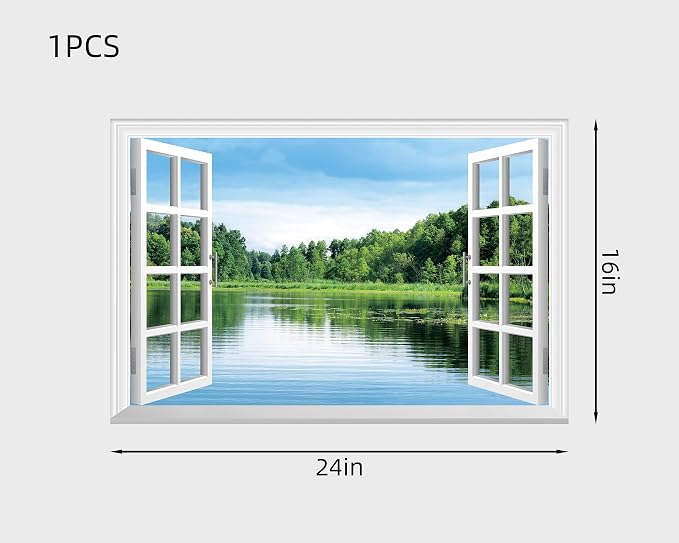 FLFK Fake Window Wall Sticker, Lake Forest Nature View Peel and Stick Mural, White Frame, Self-Adhesive Removable Decal, 24 x 16 Inches, Easy Peel and Stick, for Home, Office, Bedroom Decor - Image 2