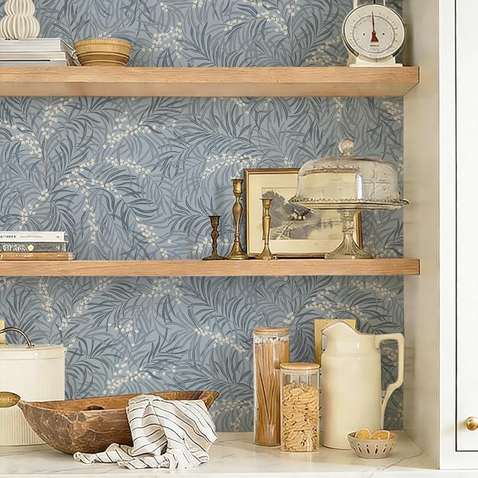 Ismoon Vintage Wallpaper Peel and Stick Dusty Blue Botanical Wallpaper 17.3in x32.8ft Leaf Removable Waterproof Blue/White Contact Paper for Bedroom Kitchen Renter Friendly Wall Decor Vinyl by Ismoon