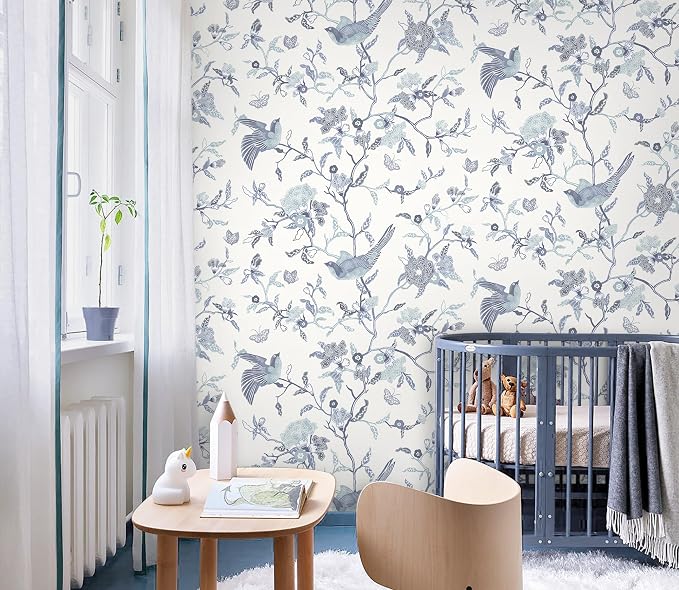 Timeet Peel and Stick Wallpaper Vintage Floral Contact Paper Blue and White Birds Wallpaper Removable Self Adhesive Flower Wall Paper for Bedroom Living Room 16.14"x393.7" - Image 4