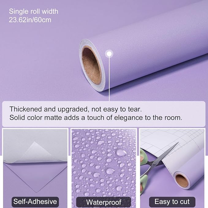 Purple Peel and Stick Wallpaper Solid Purple Contact Paper A Set of 23.6"x472" Matte Self Adhesive Waterproof Vinyl Roll for Wall Coverings,Cabinets,Countertops,Bedroom,Kitchen - Image 3