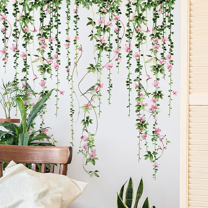 4 Sheets Hanging Vines with Flowers Wall Decals Green Plant Leaves Wall Stickers Pink Cherry Blossom Vine Wall Art Hanging Flower Tree Branches Bird Wall Murals for Kids Bedroom Nursery Decoration 20 - Image 7