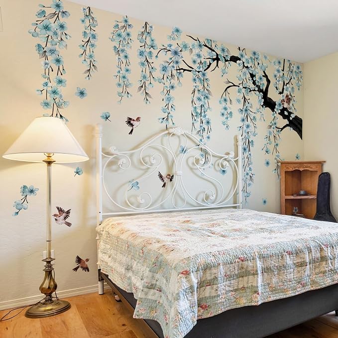 Large Flower Tree Branch Wall Decals Blue Hanging Vine Floral Wall Stickers Peel and Stick Wall Art Decals for Living Room Bedroom TV Background Girl Room Decor by Erllsino