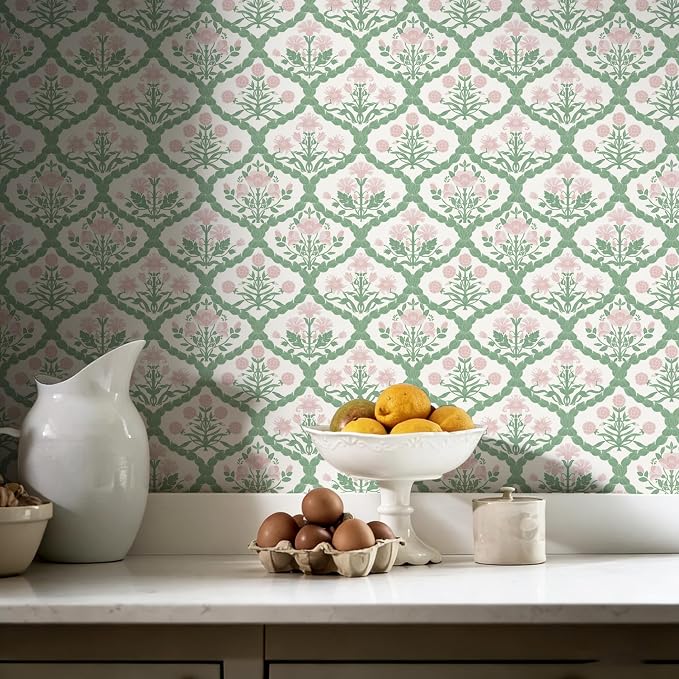 Pink Floral Peel and Stick Wallpaper Vintage Wall Paper Boho Pink Floral Damask Wallpaper for Bedroom Decorative Self Adhesive Shelf Drawer Liner 17.3" x 78.7" - Image 7