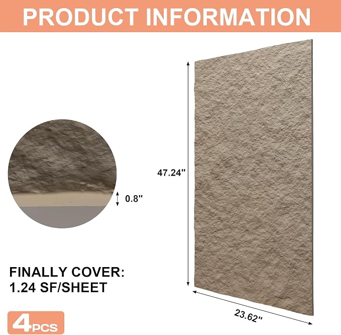 3D Faux Stone PU Wall Panels for Interior Decor, 4 Pieces, Stone Yellow | Cement Texture Accent Wainscoting Panel for Home, Office, 47.2" × 23.6" - Image 6