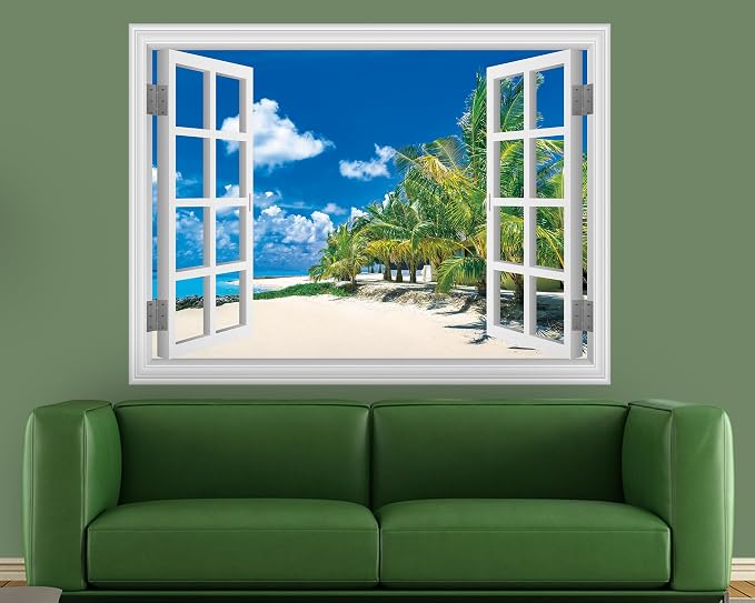 FLFK Fake Window Wall Sticker, White Frame Tropical Beach Scene, Peel and Stick Removable Wall Decal, Paradise Ocean View with Palm Trees, 80 x 60 Inches, Modern Style, Indoor Use - Image 4