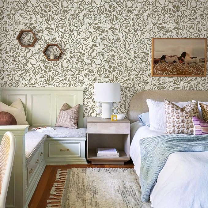 Ismoon Vintage Floral Wallpaper Peel and Stick Beige and Green Contact Paper 17.3in x 32.8ft Peony Flower Abstract Striped Floral Wallpaper for Bathroom Bedroom Removable Vinyl Renter Friendly - Image 7