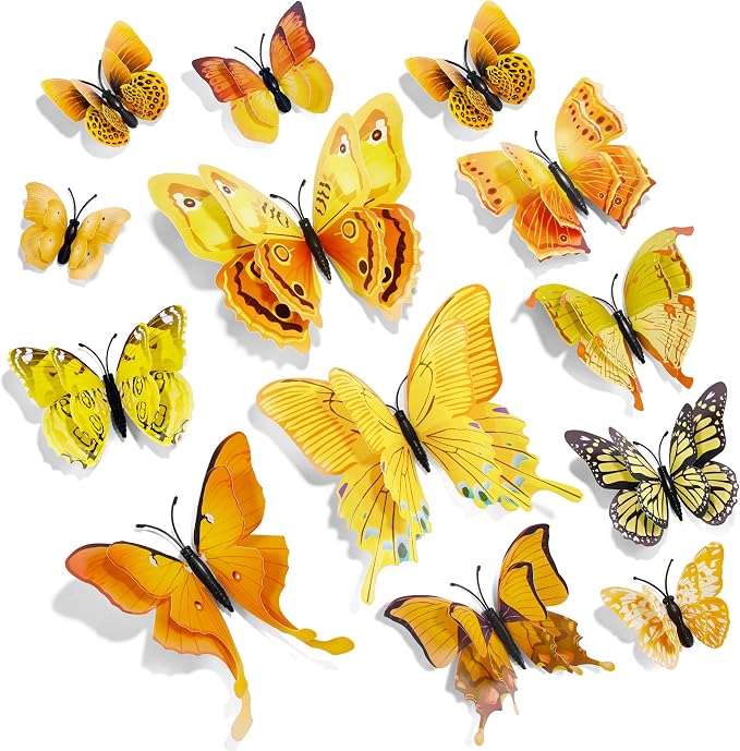 SAOROPEB 3D Butterfly Wall Decor, 48 Pcs Yellow Butterfly Decorations | Double Layer for Party Decorations Locker Decor Refrigerator Decal, Reusable by SAOROPEB