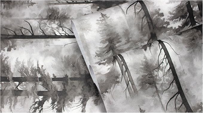 HAOKHOME Forest Wallpaper Peel and Stick Black White Mural 17.3in x 32.8ft | Extra Long Self Adhesive Wall Paper Tree Landscape Mountain Botanical Textured Removable Waterproof for Bathroom Bedroom - Image 9