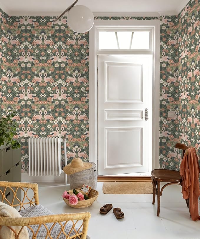 Heroad Vintage Peel and Stick Wallpaper 17.3''X 385'' Floral Flamingo Contact Paper Sage Green William Morris Wall Paper Removable Renter Friendly Wallpaper for Bedroom Nursery Farmhouse Vinyl Rolls - Image 3