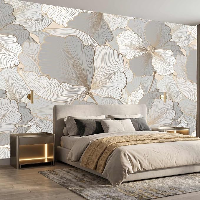 Ginkgo Biloba Leaf Peel and Stick Wallpaper Grey Leaf Wall Murals | 137"x96", Self Adhesive Canvas, for Bedroom Living Room Bathroom, Seamless, No overlapping by LOOWAP