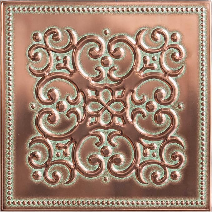 Peel and Stick Metal Backsplash Tiles, Patina Copper, 10-Pack | 8 x 8 in tile size; Covers up to 4.44 sq ft; Aluminum; Water-resistant surface; For kitchens, ceilings, DIY projects by WallWear