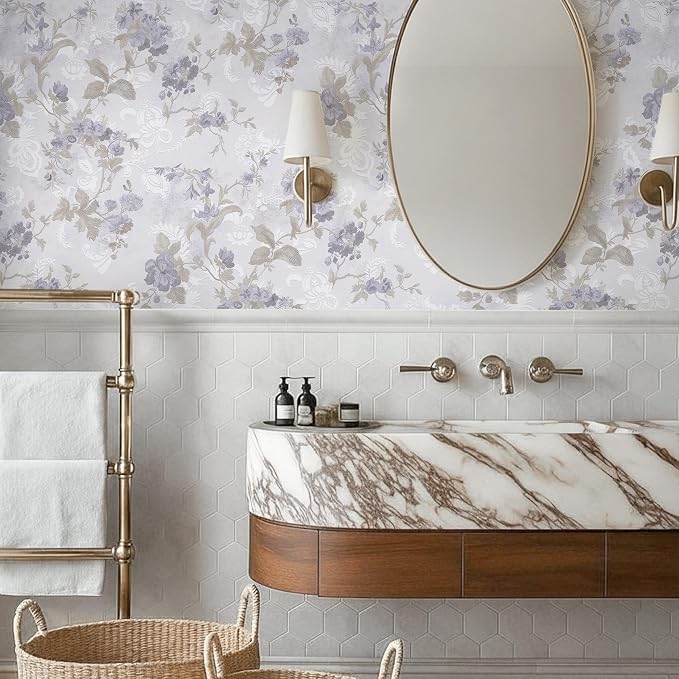 Ismoon Vintage Wallpaper Floral Peel and Stick Wallpaper 17.3in x32.8ft Gray Country Retro Flower Wall Paper Texture Removable Stick on Wall Paper for Bathroom Cabinets Countertops Self-Adhesive Vinyl - Image 4