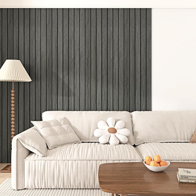 Black Grey PVC Acoustic Slat Wall Panel Peel and Stick for Walls | Textured Deep Gray Fluted Wood Paneling Self Adhesive Soundproof 3d Wall Panels for Living Room Bedroom TV Background 12×118" by Yullpaper