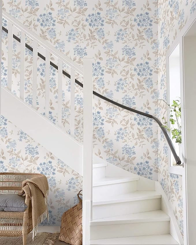 Heroad 17.3''x32.8ft Boho Floral Wallpaper Blue/Beige Peel and Stick Wallpaper Neutral Leaf Contact Paper Removable Self Adhesive Wall Paper for Cabinet Bedroom Bathroom Waterproof Decor Vinyl Roll - Image 6