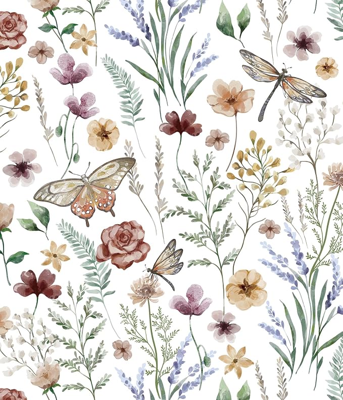 Orainege Peel and Stick Wallpaper Vintage Floral Wallpaper Self Adhesive | 16.9in x 393.7in Butterfly Wallpapers for Bedroom Bathroom Cabinets Decor Removable Vinyl Roll by Orainege