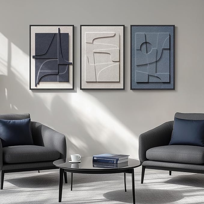 3D Textured Framed Blue and White Abstract Wall Art Set, 3 Piece, 16x24 In | Solid wood frames, raised geometric reliefs, navy blue and ivory tones, modern decor for bedroom living room dining room - Image 4