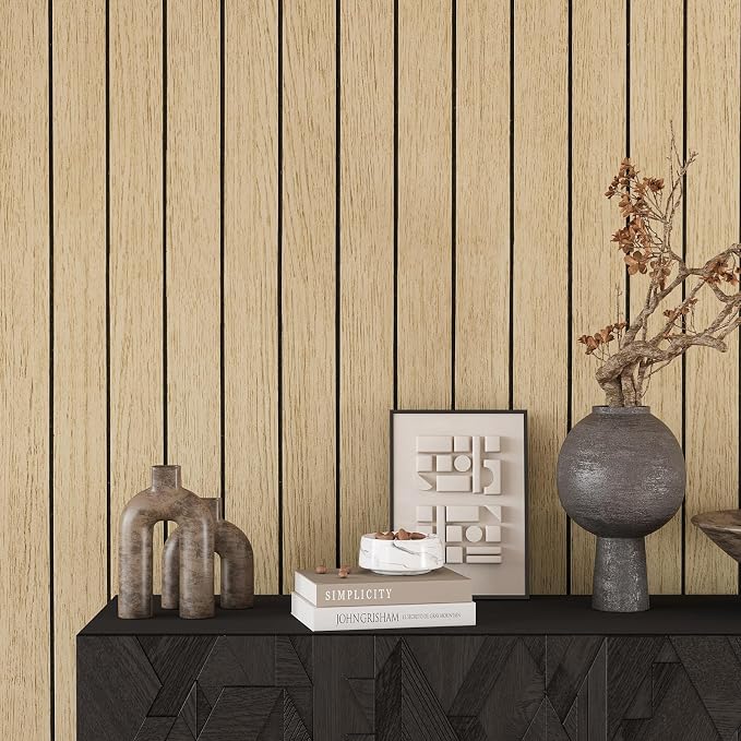 VEELIKE Light Oak Wood Wall Panels Peel and Stick Foam Slat Wallpaper for Bedroom Living Room 17''x118'' Self Adhesive Vinyl Wood Slat Wall Panel for Interior Accent Walls Decor TV Background Ceiling - Image 7