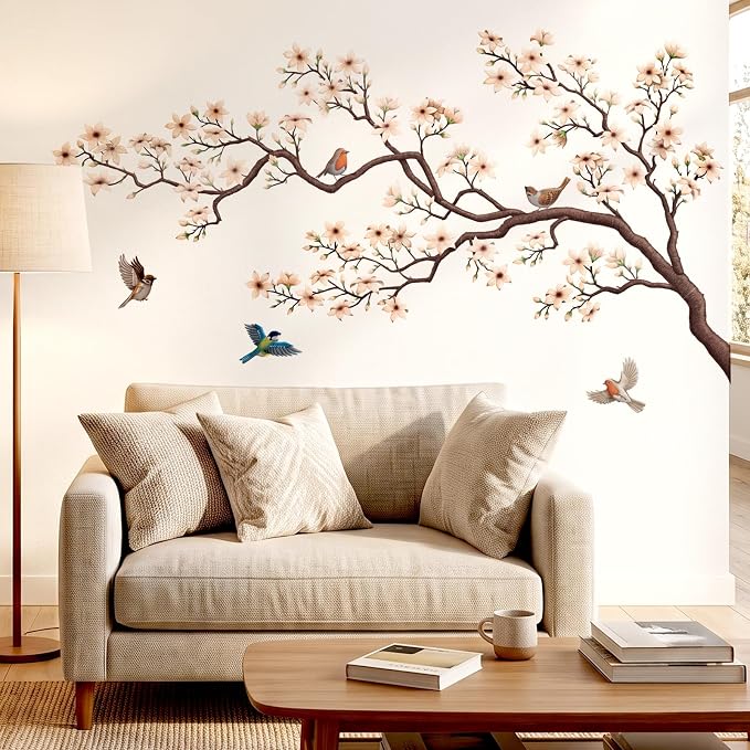 DECOWALL White Cherry Blossom Branch Birds Wall Stickers Decals (SG2-2509) | Peel and stick, removable watercolor floral decor with falling petals for living rooms, bedrooms, offices, studios and cafes - Image 3