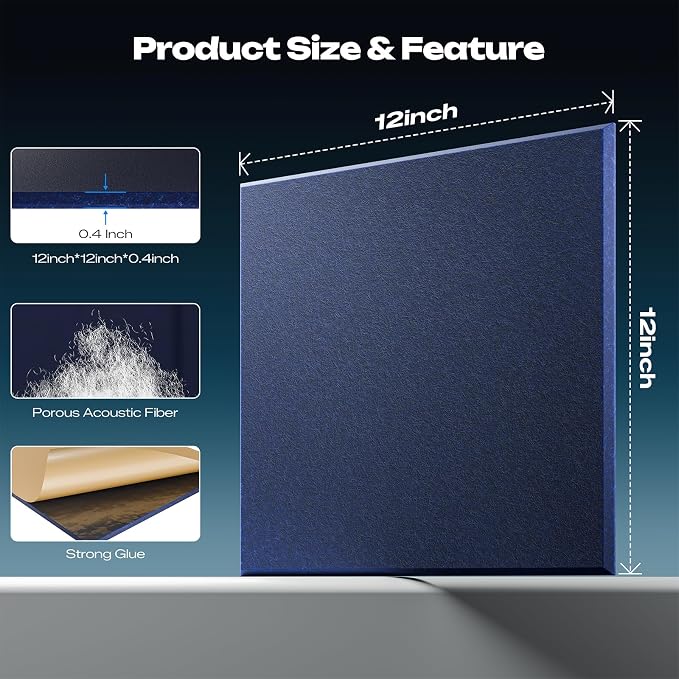 Sonicism 12 Pack Acoustic Wall Panels with Self-Adhesive, 12" X 12" X 0.4" Sound Proof Foam Panels, Decorative Soundproof Wall Panels, Sound Proof Absorbing Tiles for Home & Offices, Dark Blue - Image 2