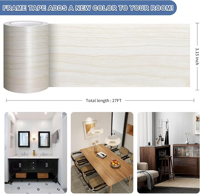 TIANLDD 27 FT Wood Grain Wallpaper Border, Removable Waterproof Mirror Border Peel and Stick,Bathroom Mirror Frame Border.(White Oak) - Image 3