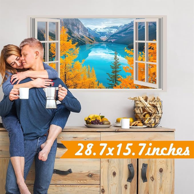 3D Nature Fake Windows Wall Decals Autumn Forest Tree Wall Art Murals Decal Peel and Stick Fall Mountain Lake Sticker Faux Window Landscape Poster Pictures Decals for Bedroom Office Kitchen - Image 5