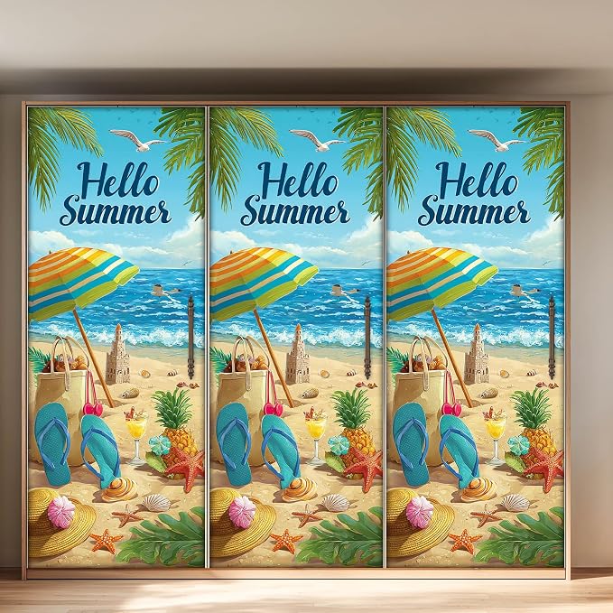 HOMETITUTE Summer Wave Umbrella Beach Path Peel Stick Door 30.3x78.7 PVC | Wall Cover Poster Decals Removable Wallpaper Self Adhesive Livingroom Bedroom - Hello Summer - Image 5