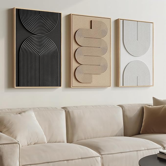 Framed Boho Abstract Wall Art Set, 3 Piece Modern 3D Artwork, 16x24 In | Solid wood frame, Textured paintings, Neutral black white brown geometric sculpture, Bedroom dining room office wall decor by Cuspin