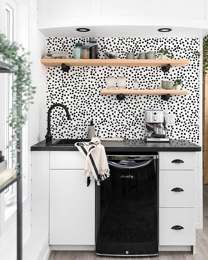 Jeweluck Peel and Stick Wallpaper Polka Dot Wallpaper 17.7” x 590.5” | Black and White Wallpaper Stick and Peel Black Dot Contact Paper Decorative Removable Self Adhesive Vinyl Walls for Bathroom - Image 5