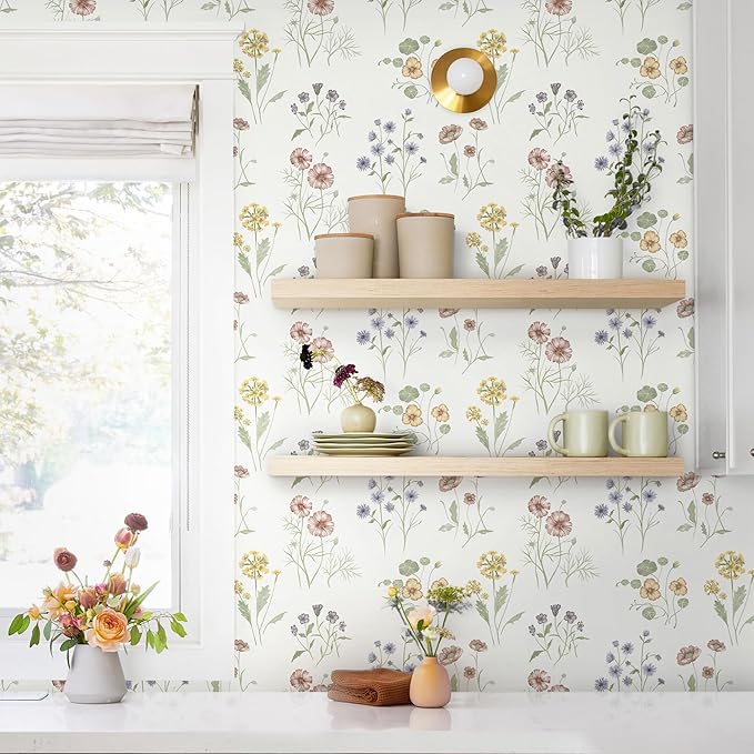 Dimoon 17.3''x197'' Floral Peel and Stick Wallpaper Boho Vintage Botanical Farmhouse Renter Friendly Contact Paper Bathroom Kitchen Village Country Cottage Small Floral Wallpaper Waterproof Vinyl Roll by DIYYOURMOON