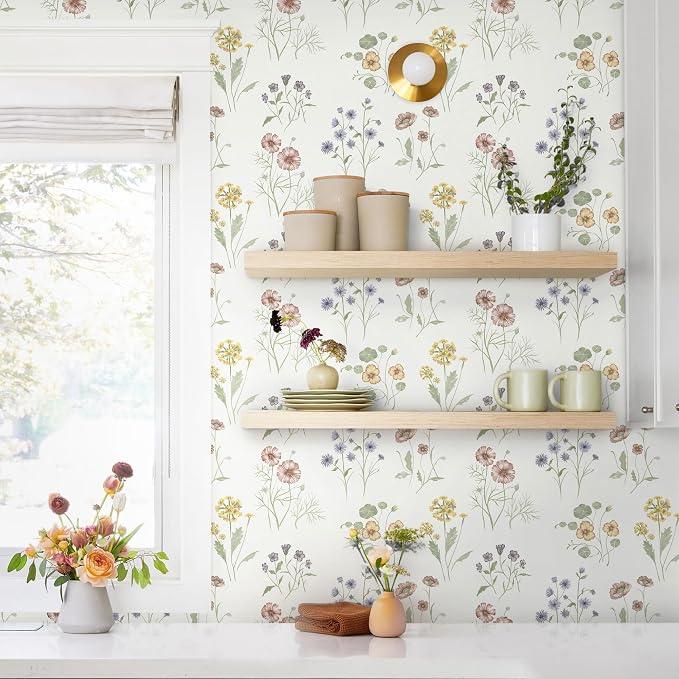 Dimoon 17.3''x78.7'' Floral Peel and Stick Wallpaper Boho Vintage Botanical Farmhouse Renter Friendly Contact Paper Bathroom Kitchen Village Country Cottage Small Floral Wallpaper Waterproof Vinyl by DIYYOURMOON