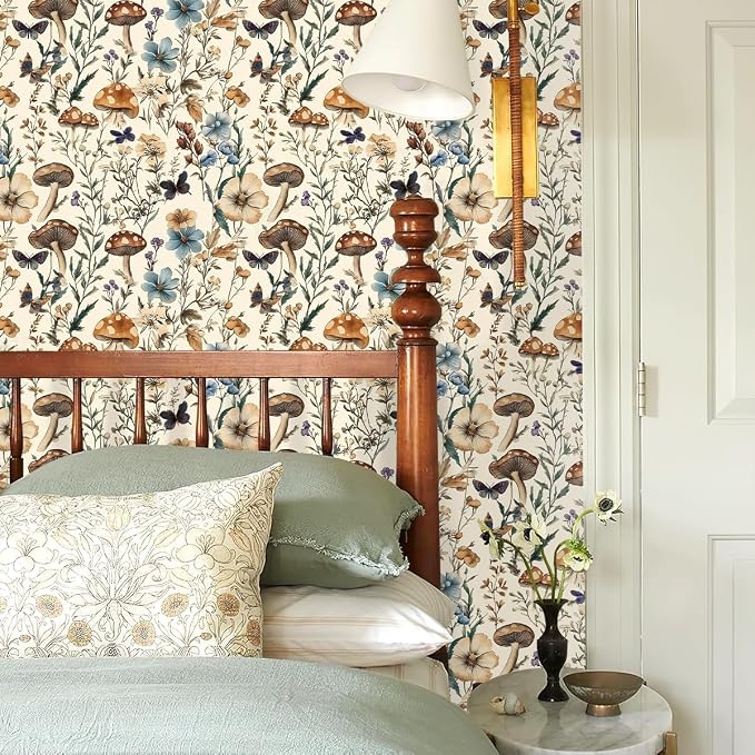 Froluya Mushroom Wallpaper Peel and Stick Vintage Floral 16.9" x 118.1" | Boho Floral Contact Paper Peel and Stick Mushroom Forest Self Adhesive Removable Wall Paper for Bathroom Cabinets Liner Vinyl - Image 9
