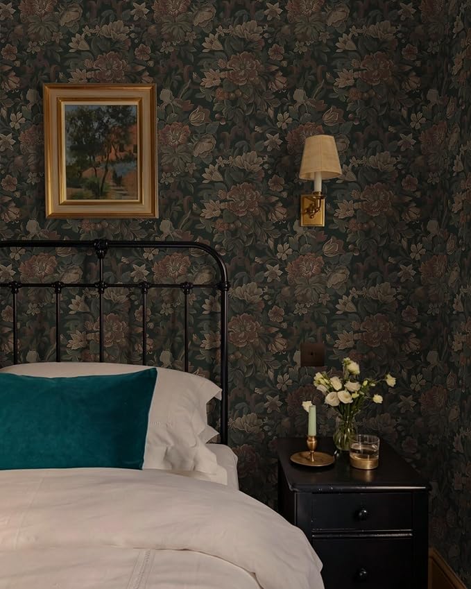 Dimoon Vintage Peel and Stick Wallpaper Dark Green Floral Wall Paper 16.1"x236" Retro Victorian Moody Wallpaper Renter Friendly Dark Floral Gothic Contact Paper for Bedroom Shelf Liner Vinyl Roll - Image 7
