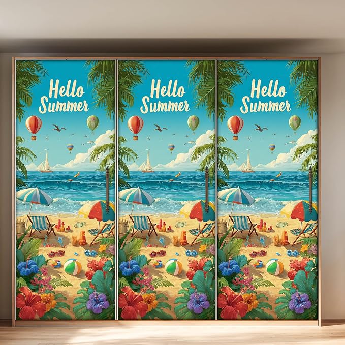 HOMETITUTE Hello Summer Beach Balloon Palm Peel Stick Door 30.3x78.7 PVC | Wall Cover Poster Decals Removable Wallpaper Self Adhesive Livingroom Bedroom - Summer Beach - Image 5