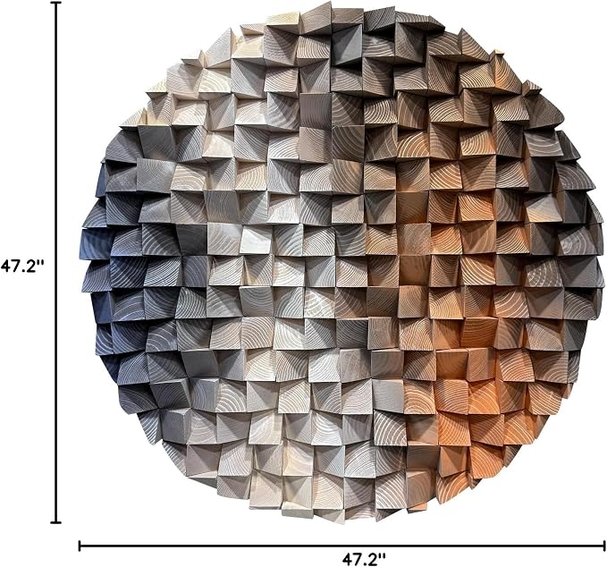 LIUZEYUE Large Round Wood Wall Art Featuring Sculptural Disc Texture | round 3D wall art; cool gray and rust, staggered mosaic surface; hotel lounge circular centerpiece; 47.2 in diameter - Image 10