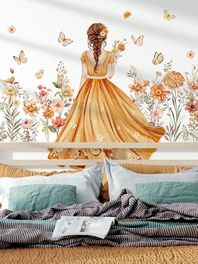 Butterfly Girl Wall Stickers - Orange Flower Fairy Garden Wall Decal Peel& Stick Removable Waterproof Vinyl Wall Decoration for Girl Bedroom Living Room,80 cm x 150 cm - Image 3