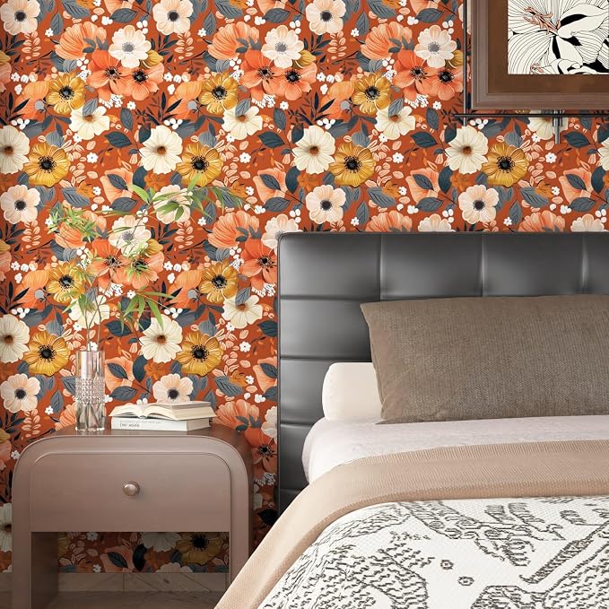 BOKEBEVE Floral Wallpaper Peel and Stick Boho Vintage Orange 17.5 x 393.5In | Extra Long Removable Renter Friendly Vintage Floral Wall Paper for Bedroom Bathroom Cabinet Drawer Feature Accent Wall - Image 3