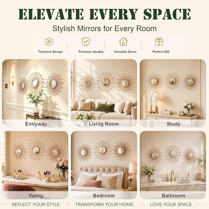 3 Pack Metal Mirrors for Wall Sunburst Wall Mirrors Home Décor Decorative Hanging Wall Art for Living Room Bedroom Entryway (Rose Gold2 Crystal, Flower+Sunburst) - Image 8
